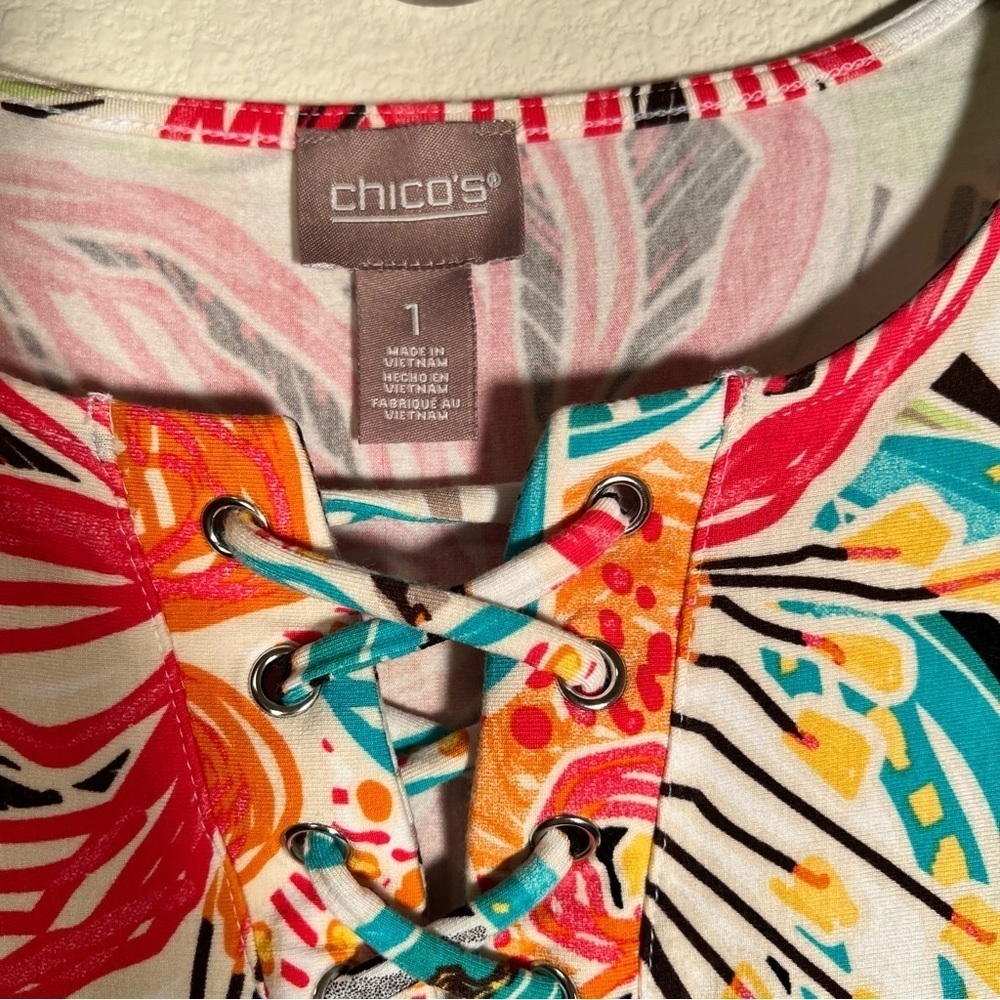 Chico's Floral Tropical Sleeveless Shift Dress Lace Up - Picture 6 of 7